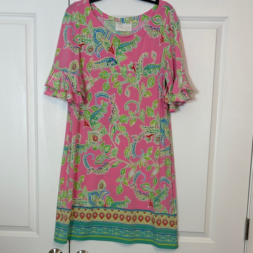 NWT Floral Sheath Dress w/Ruffle sleeves Lg